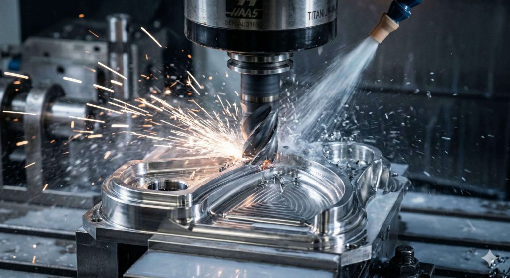 เครื่องกลึง CNC 5 แกน (5-Axis CNC) กำลังขึ้นรูปชิ้นส่วนยานยนต์ไฟฟ้า (EV) ที่มีความซับซ้อนและแม่นยำสูงในโรงงานอัจฉริยะ