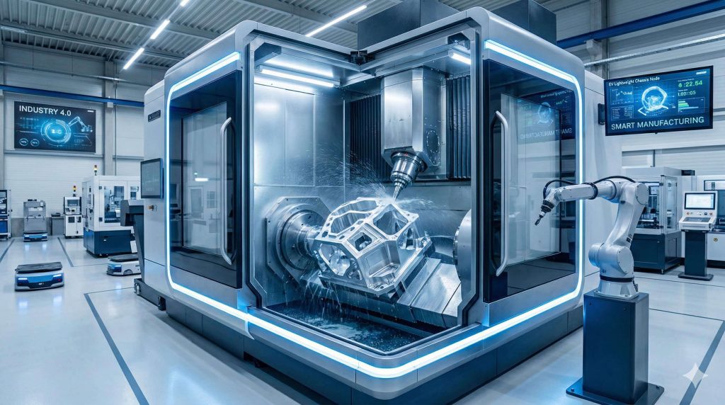 ภาพโคลสอัปหัวกัด CNC กำลังตัดเฉือนวัสดุขั้นสูง (Advanced Materials) เช่น ไทเทเนียมอัลลอย สำหรับผลิตชิ้นส่วนการบินอวกาศ