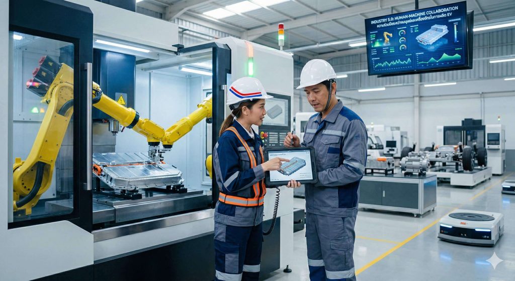 ผู้ประกอบการและวิศวกรชาวไทยกำลังตรวจสอบการผลิตชิ้นส่วน CNC ร่วมกับระบบหุ่นยนต์อัตโนมัติ เพื่อยกระดับโรงกลึงตามมาตรการส่งเสริม BOI